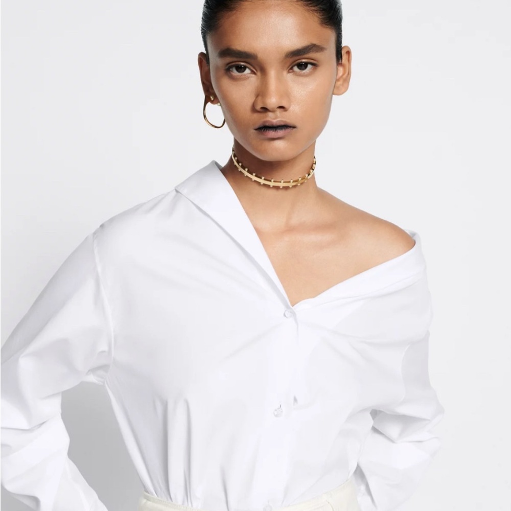 Dior White Asymmetrical Tie Front Long Sleeve Shirt